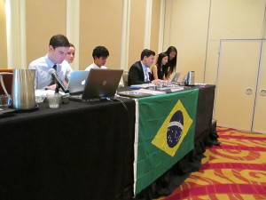 The dais of the Federal Senate of Brazil overseeing delegates breaking off into groups by political affiliation
