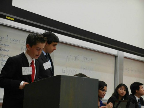 Delegates in Novice DISEC make a speech. BruinMUN's Novice committees were aimed to be "more developmental than competitive".