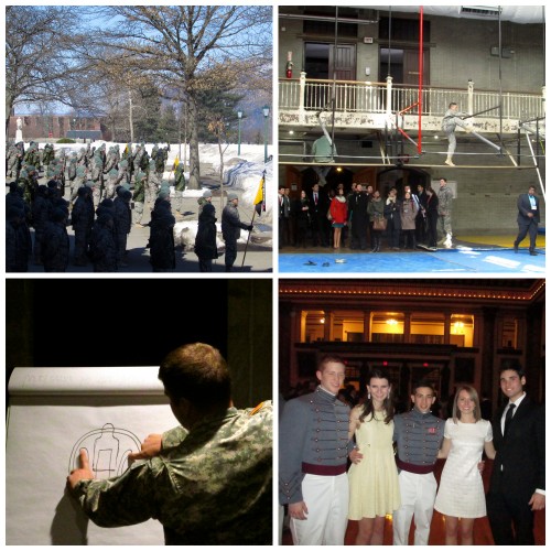 Clockwise from bottom left: Cadet Danny Freeman teaching delegates about targets at the electronic shooting range; cadets outside the mess hall for formation; a cadet demonstrating the IOCT in Arvin; delegates and cadets enjoying the gala 