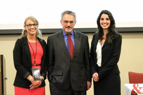 Ambassador Patrick Theros with Secretary-General Rachel Fybel (left) and Director of External Relations Alexcia Chambers (right).  (Photo Credit to Harini Manikandan, Molly Menickelly, and Carly Lin of &MUN.)