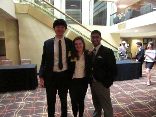 From left to right: Jeffrey Lin, Ashley Lozier, and Rahul Desai pose after their Best Delegate interviews