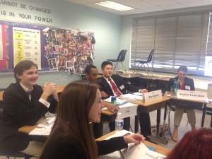 Delegates smile in their Security Council crisis