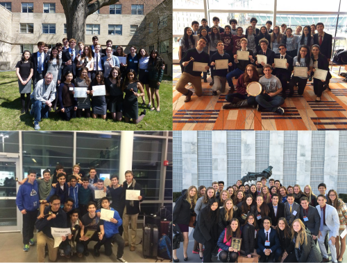 Clockwise, starting at the top-left: Horace Mann at CMUNCE, Stuyvesant at JHUMUNC, Upper Canada College at HMUN, and Mira Costa at NHSMUN