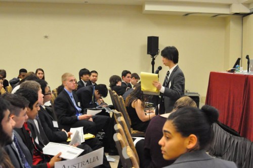A delegate makes a speech in committee.