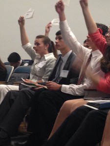 Delegates in the Social, Cultural, and Humanitarian (SOCHUM) committee raise their placards to speak.