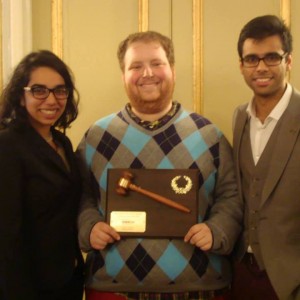University of Chicago Head Delegates Nisha Bala, Eric Wessan, and Apratim Gautam are all smiles with their Best Large Delegation award at HNMUN 2014.