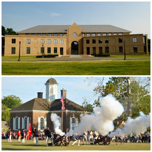 At the crossroads of Modern & Traditional: The William & Mary School of Education, where &MUN II was held (top) and history in action at Colonial Williamsburg (bottom).