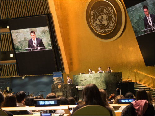 Secretary General Eric Leiden opens GCIMSMUN 2015 under the UN seal.