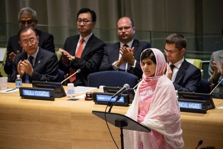 NEW YORK, NY - JULY 12: Malala Yousafzai, the 16-year-old Pakistani advocate for girls education who was shot in the head by the Taliban, speaks at the United Nations (UN) Youth Assembly on July 12, 2013 in New York City. The United Nations declared July 12, "Malala Day." Yousafzai also celebrates her birthday today. Andrew Burton/Getty Images/AFP